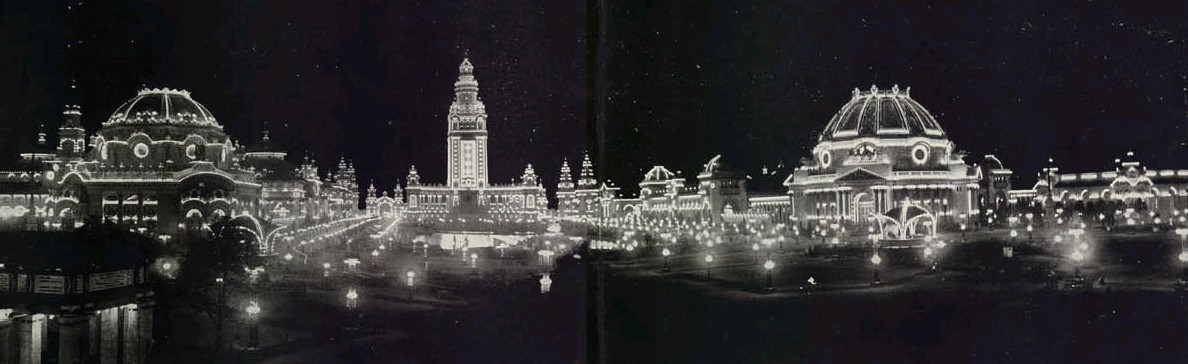 Pan-American Exposition in Buffalo, 1901: das Gelände bei Nacht, elektrisch beleuchtet.
