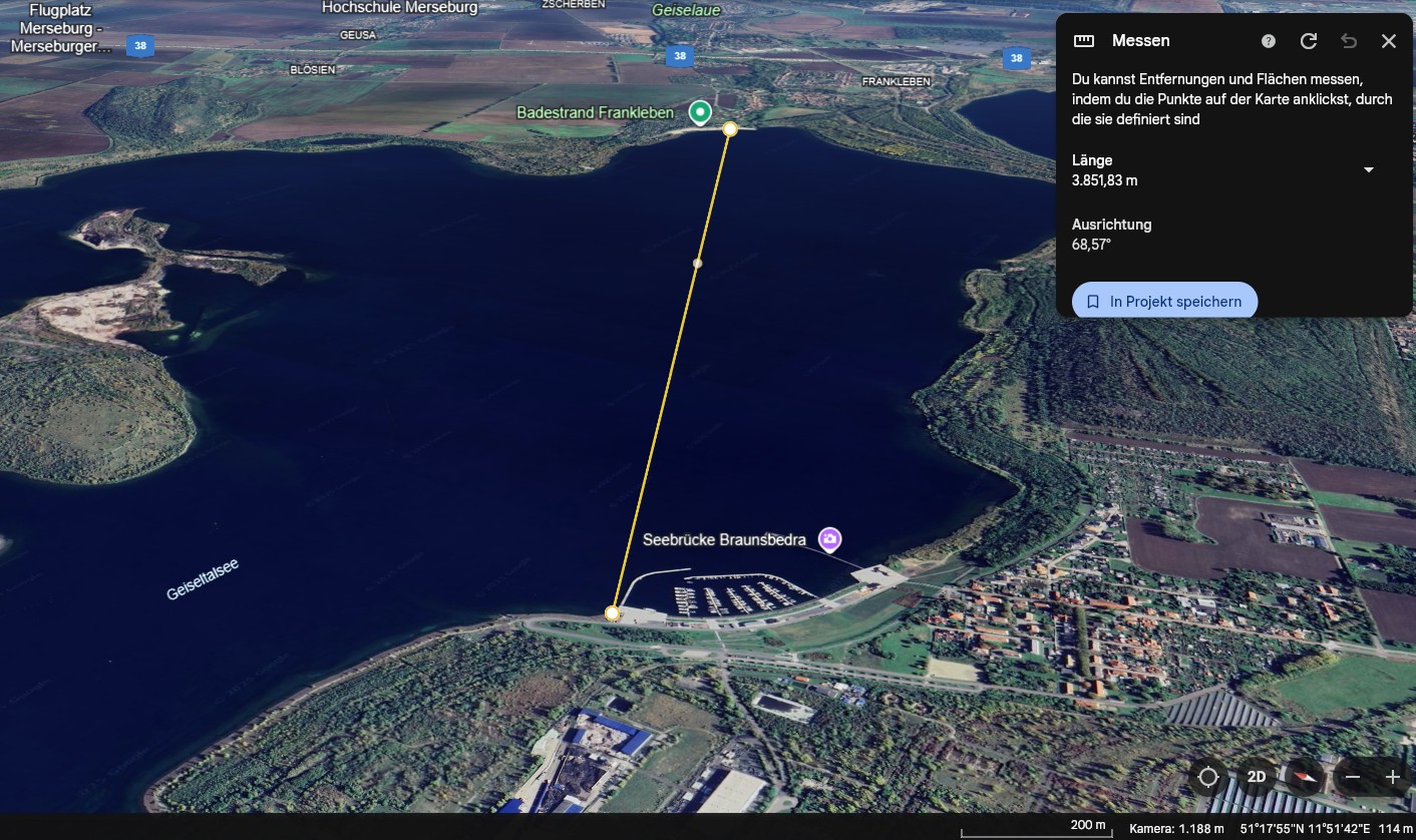 Die Strecke von der Seebrücke Braunsbedra hinüber nach Frankleben, gemessen in Google Earth.