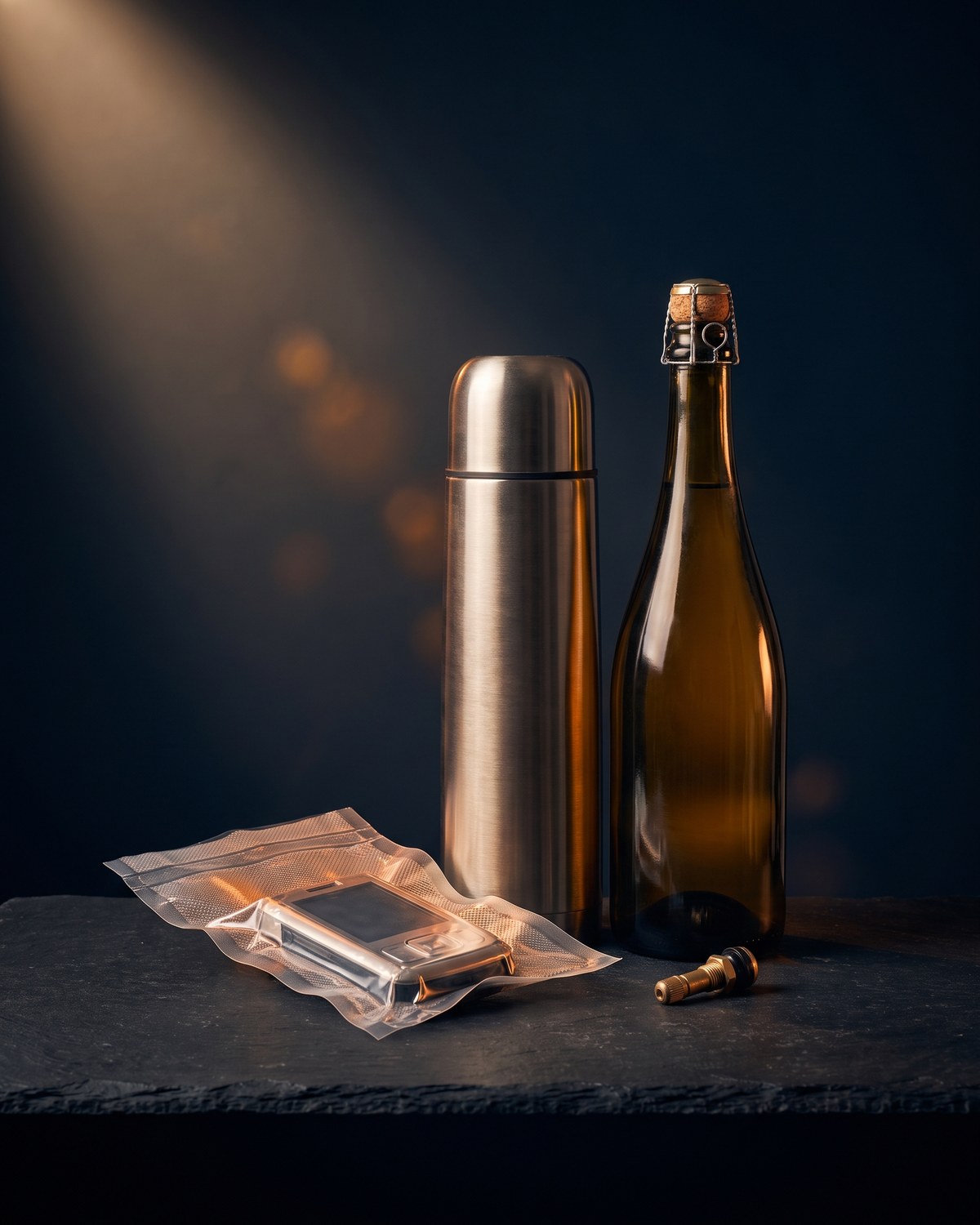 Stillleben mit Thermoskanne, Sektflasche mit Drahtkorb, Vakuumbeutel und Reifenventil auf dunklem Schiefer
