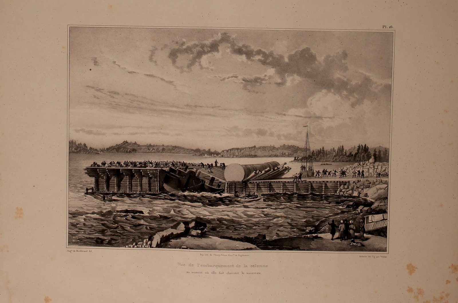 Lithografie aus Montferrands Tafelwerk 1836: die Säule wird im Steinbruch auf das Schiff gezogen