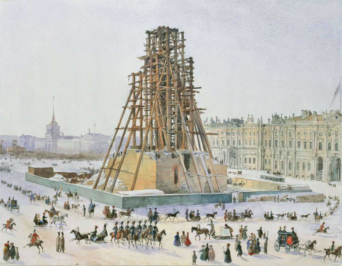 Aquarell von Grigori Gagarin: die Alexandersäule im Gerüst vor dem Winterpalast, Schlitten und Spaziergänger im Schnee
