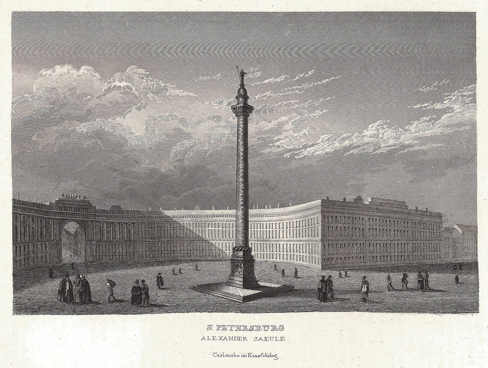 Stahlstich aus den 1830er Jahren: die Alexandersäule auf dem weiten Schlossplatz