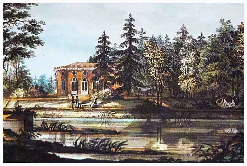 Lithografie: das Babolowo-Palais zwischen Bäumen am Wasser