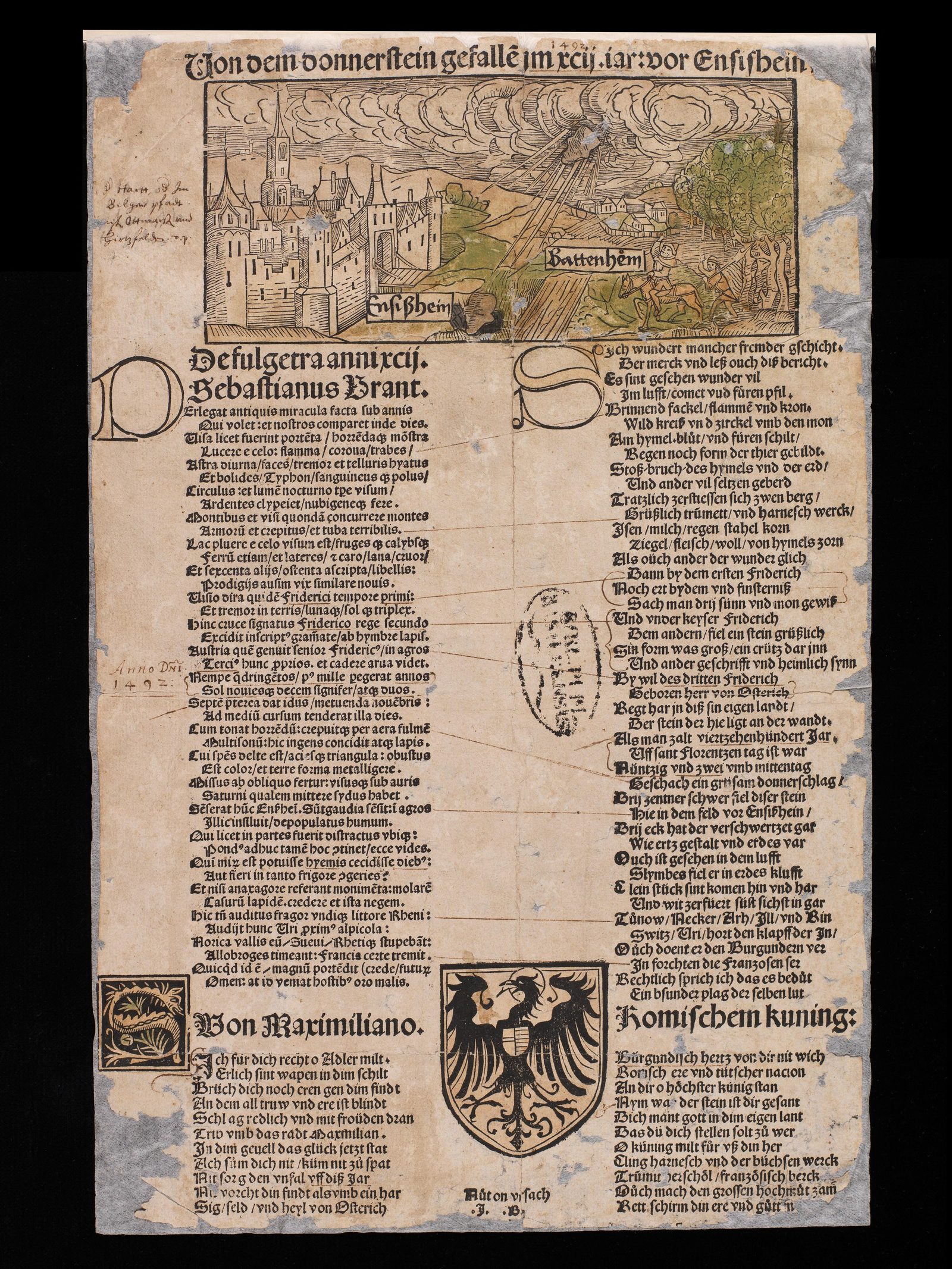 Koloriertes Flugblatt von Sebastian Brant 1492 über den Donnerstein von Ensisheim mit Holzschnitt und langem Gedicht