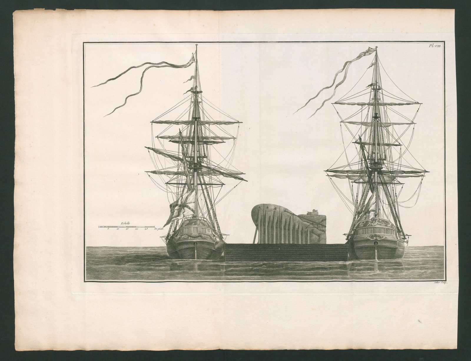 Technische Tafel aus Carburis Bericht von 1777: der Lastkahn mit dem Stein zwischen zwei Segelschiffen
