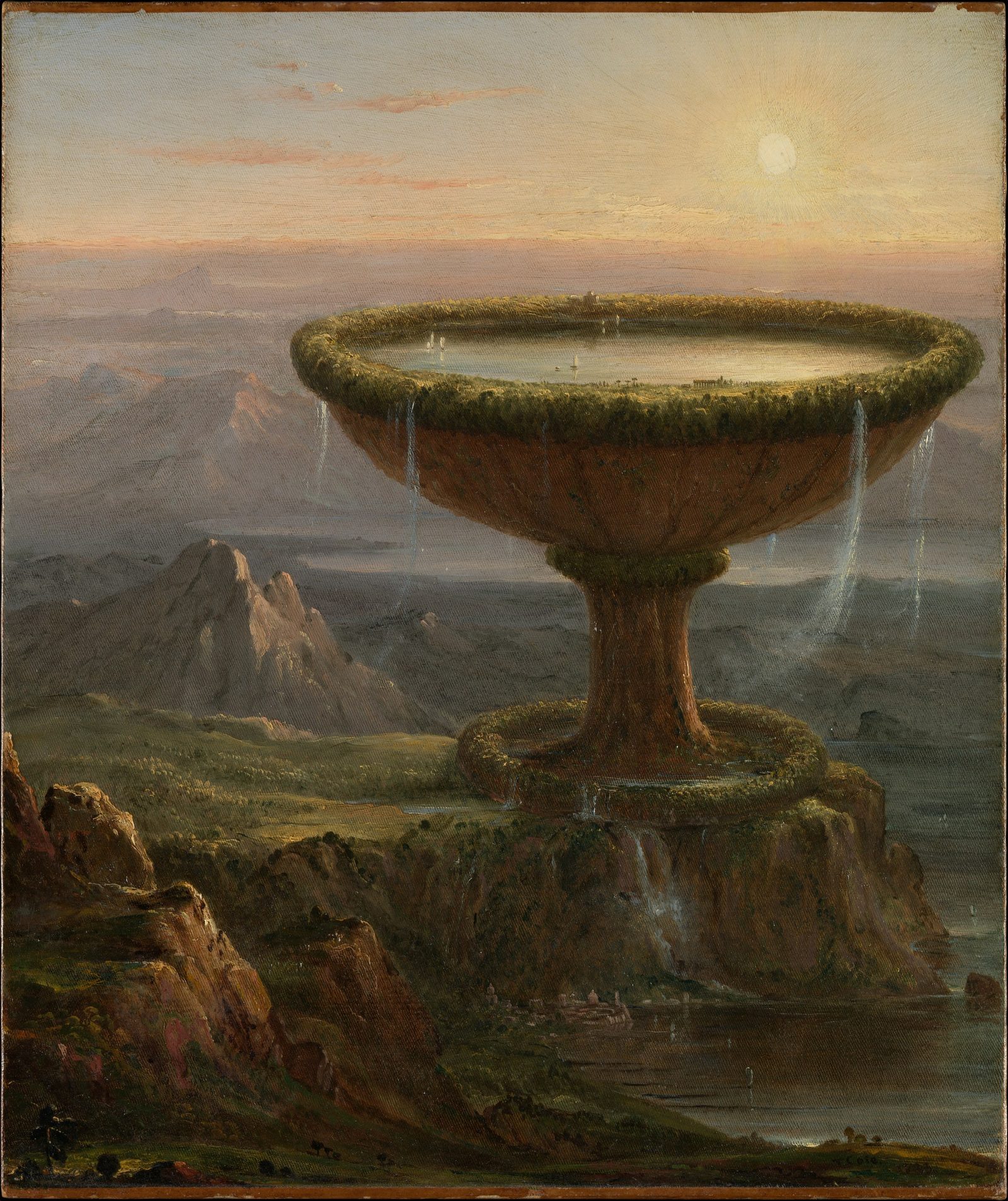 Gemälde von Thomas Cole 1833: ein riesiger Steinkelch ragt aus einer Berglandschaft, auf seinem Rand wachsen Bäume