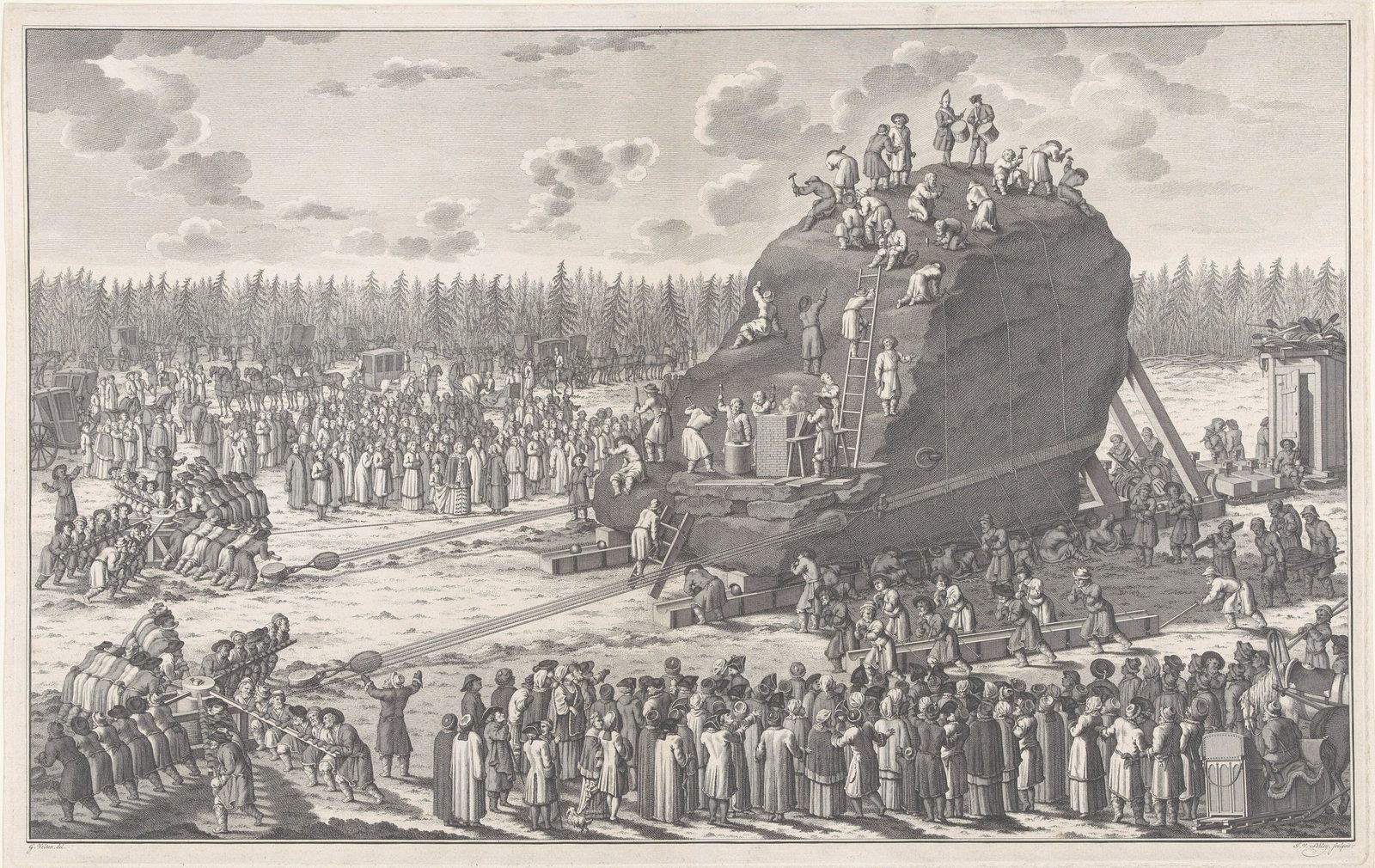Kupferstich von 1770: Der riesige Donnerstein auf seinem Schlitten, Arbeiter und Trommler auf dem Stein, davor eine große Menschenmenge im Schnee