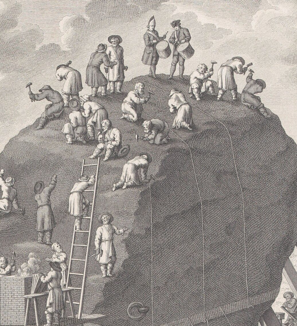 Ausschnitt aus dem Stich von 1770: Trommler und Steinmetze arbeiten oben auf dem Donnerstein, eine Leiter lehnt an der Seite