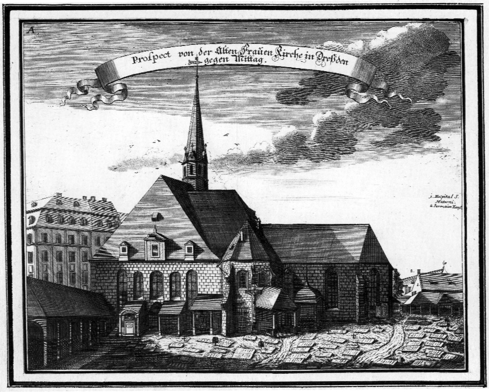 Kupferstich der alten gotischen Frauenkirche mit spitzem Turm und Kirchhof, 1714