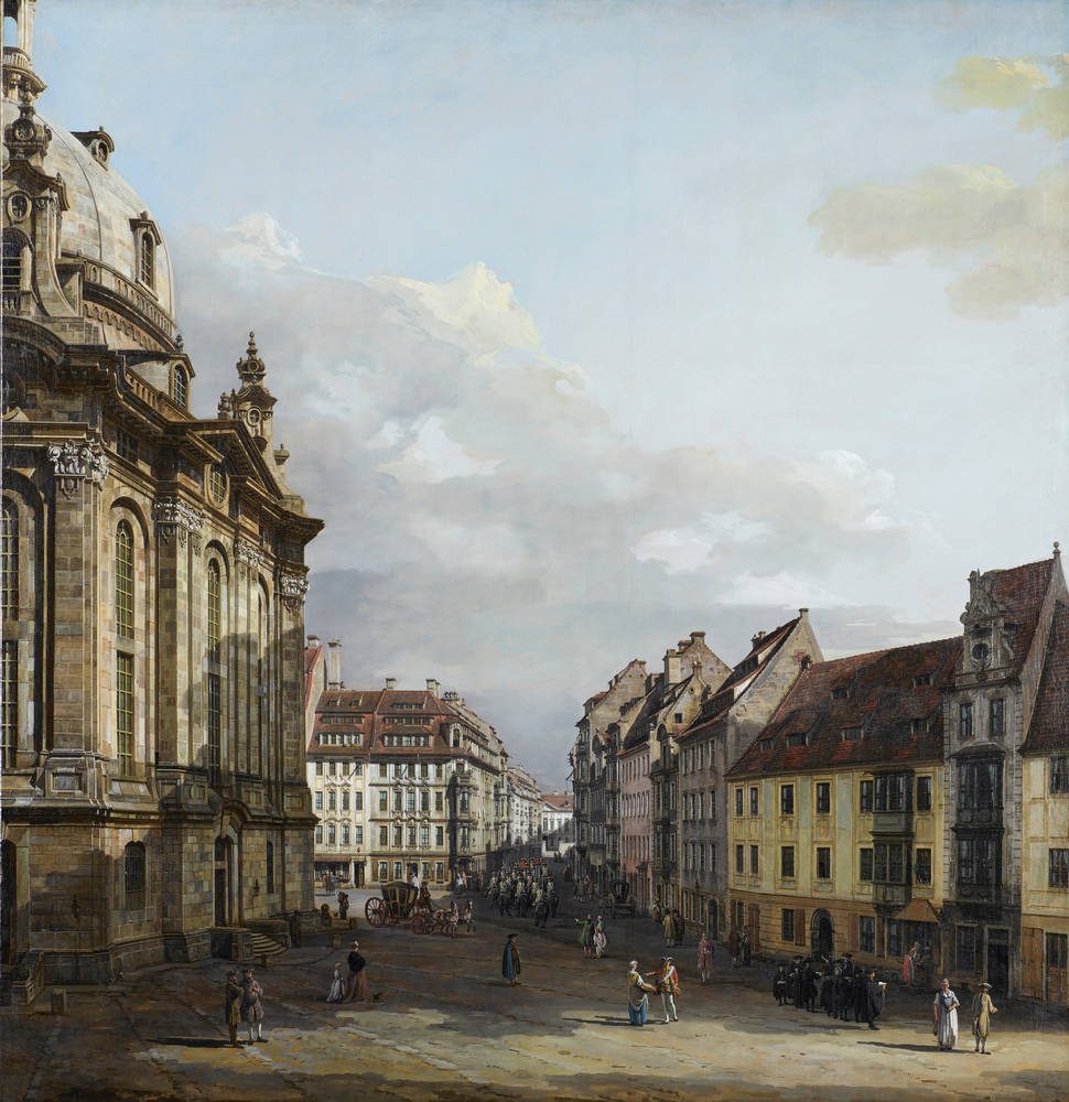 Gemälde von Bellotto: Blick an der Frauenkirche entlang in die Gasse, um 1751