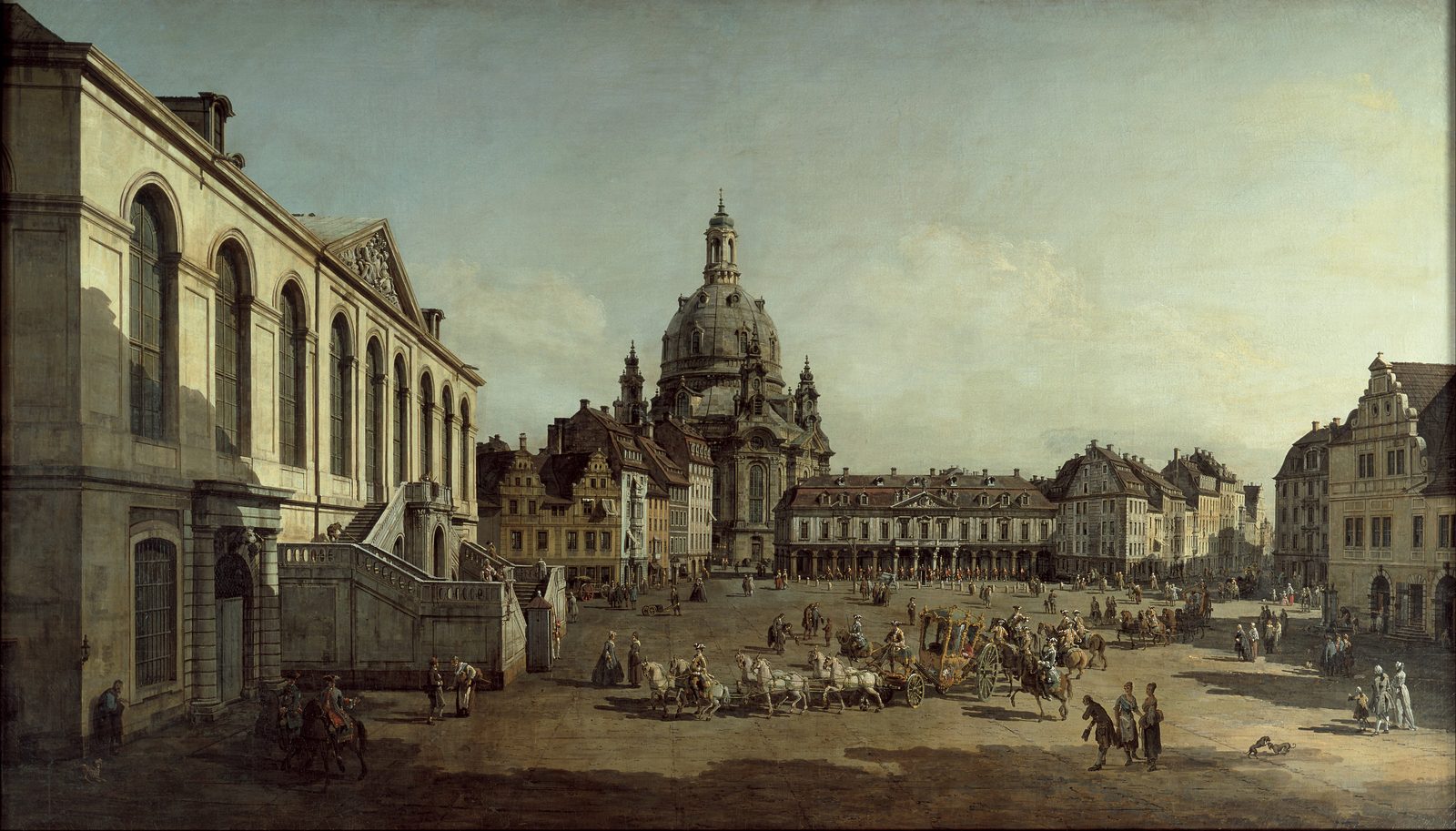 Gemälde von Bellotto: der Neumarkt mit der Frauenkirche, Kutschen und Menschen, 1749