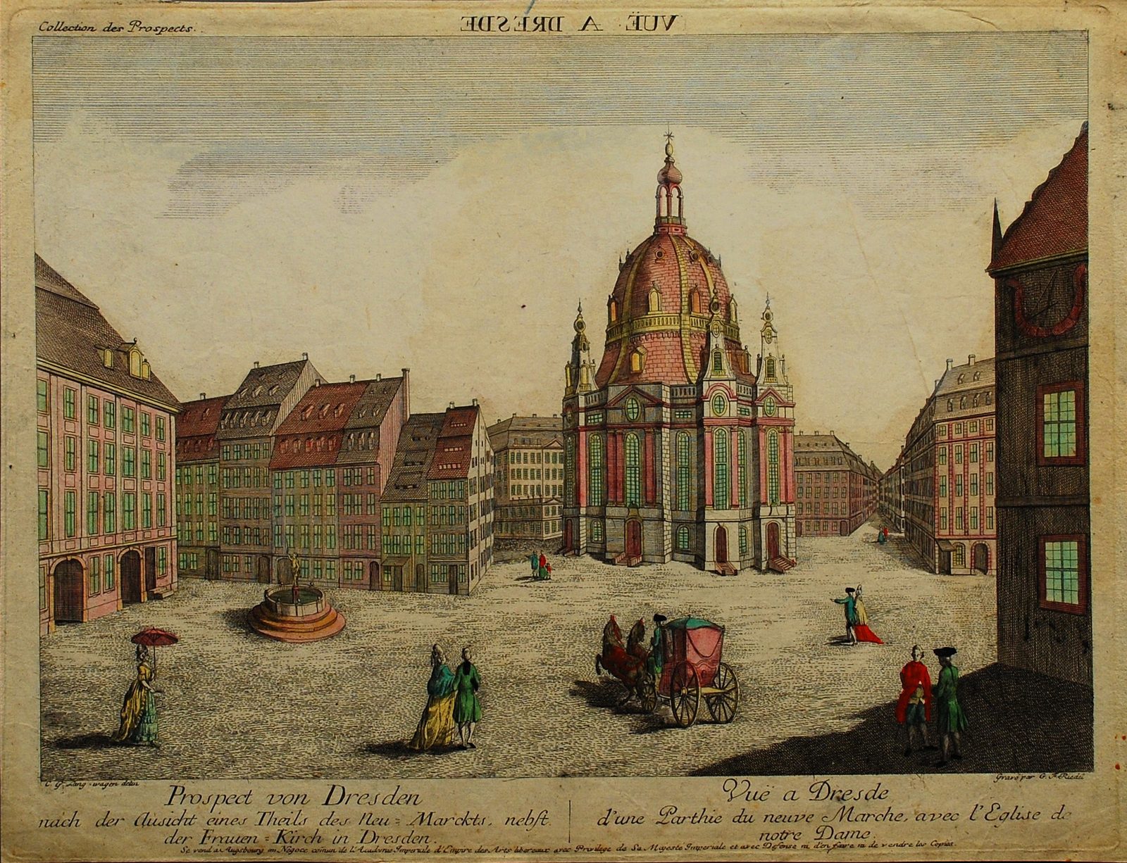 Koloriertes Guckkastenblatt: der Neumarkt mit Frauenkirche und Kutsche, um 1750