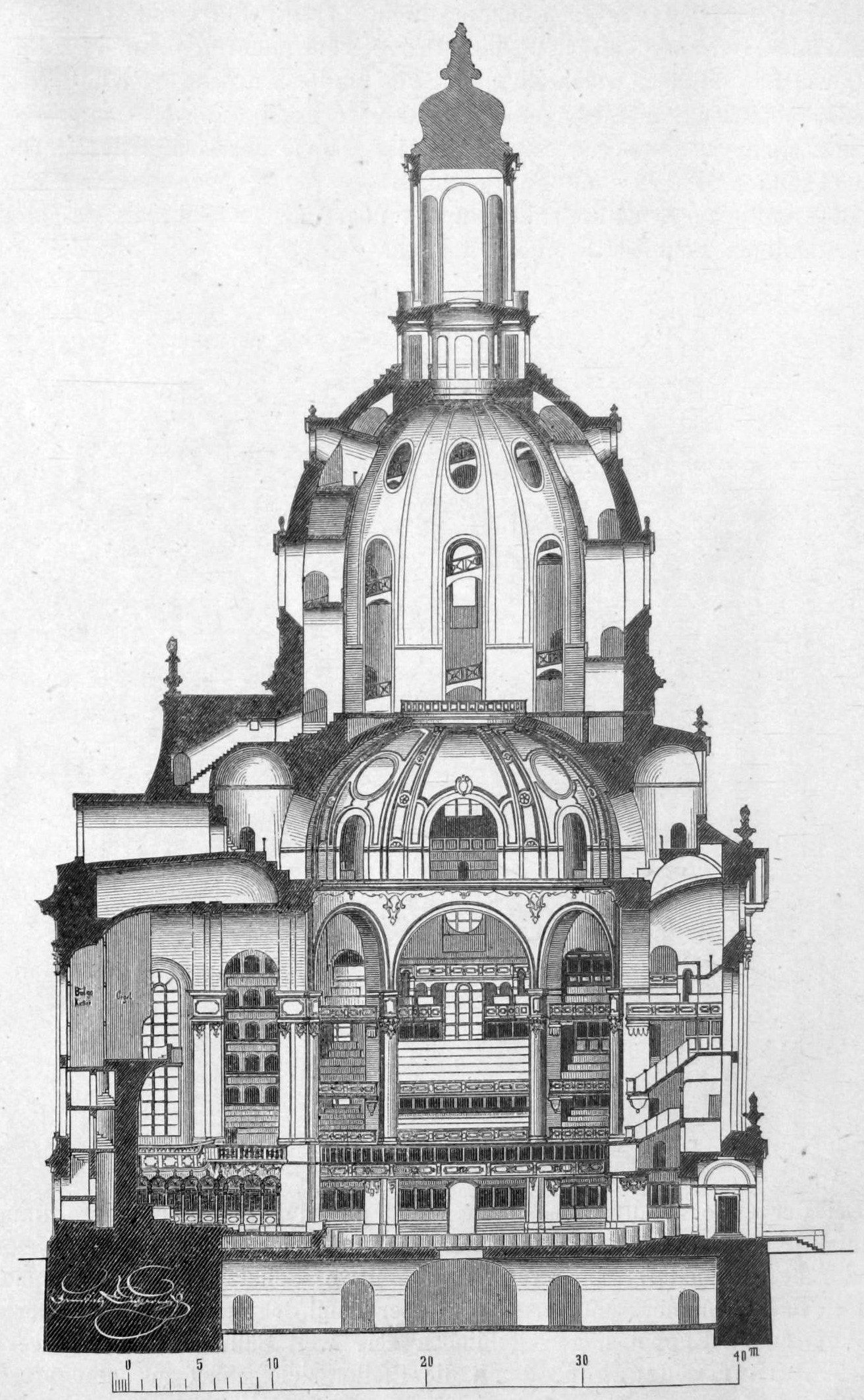 Längsschnitt durch die Frauenkirche mit Emporen, Kuppel und Laterne