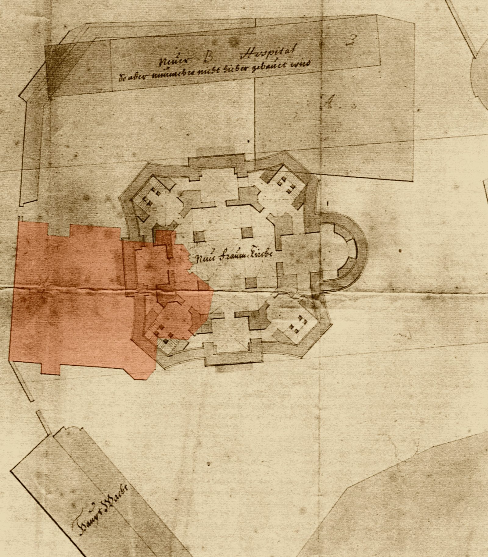 Lageplan um 1725: der Grundriss des Neubaus über der alten Kirche
