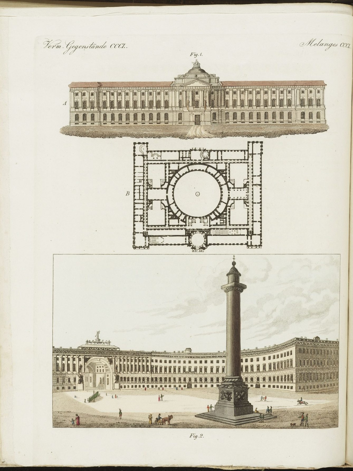 Aufgeschlagenes Bertuch-Bilderbuch, Band 12: Tafel mit dem Grundriss eines Gebäudes und der Alexandersäule vor dem Generalstabsbogen