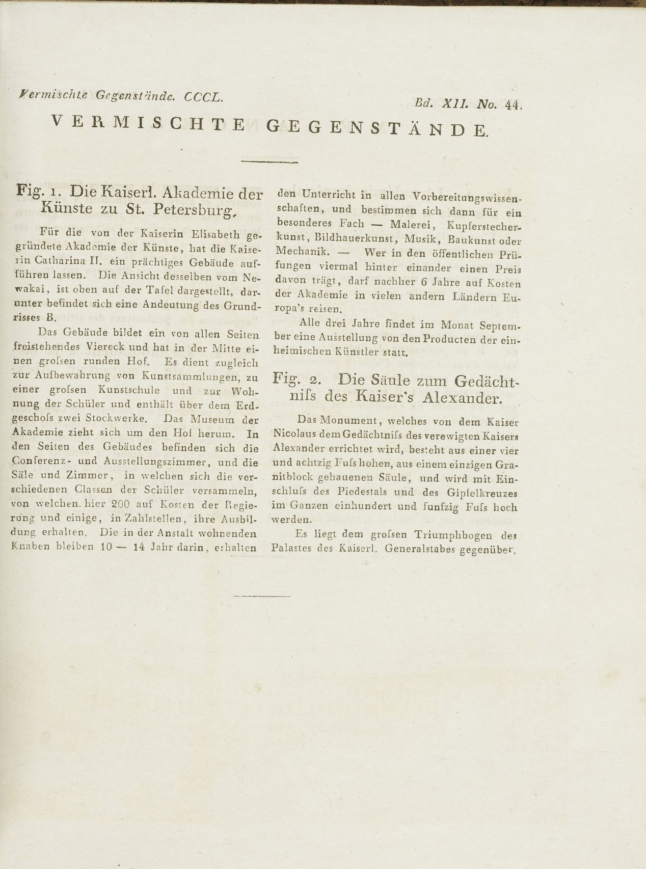 Textseite aus Bertuchs Bilderbuch, Band 12, mit der Beschreibung der Säule zum Gedächtnis Kaiser Alexanders