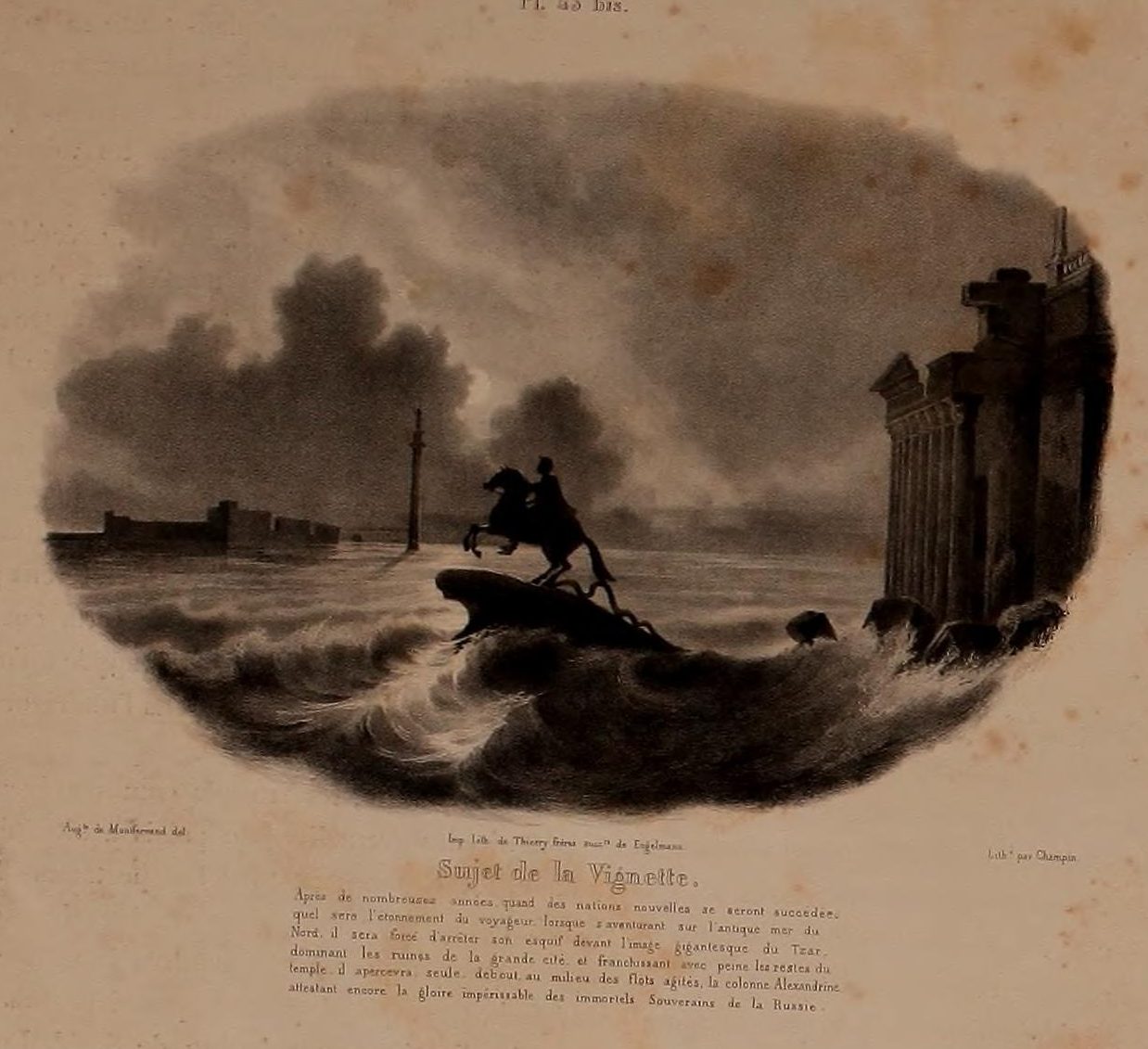 Vignette von 1836: der Eherne Reiter in der Brandung, daneben die Säule und eine Tempelruine im Meer