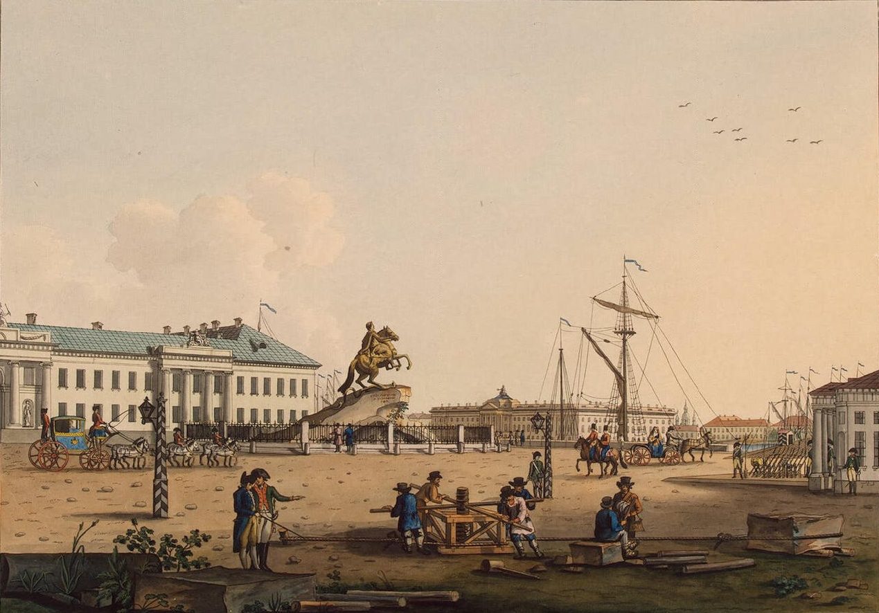 Kolorierter Stich von 1799: der Senatsplatz mit dem Ehernen Reiter, Kutschen und Spaziergängern