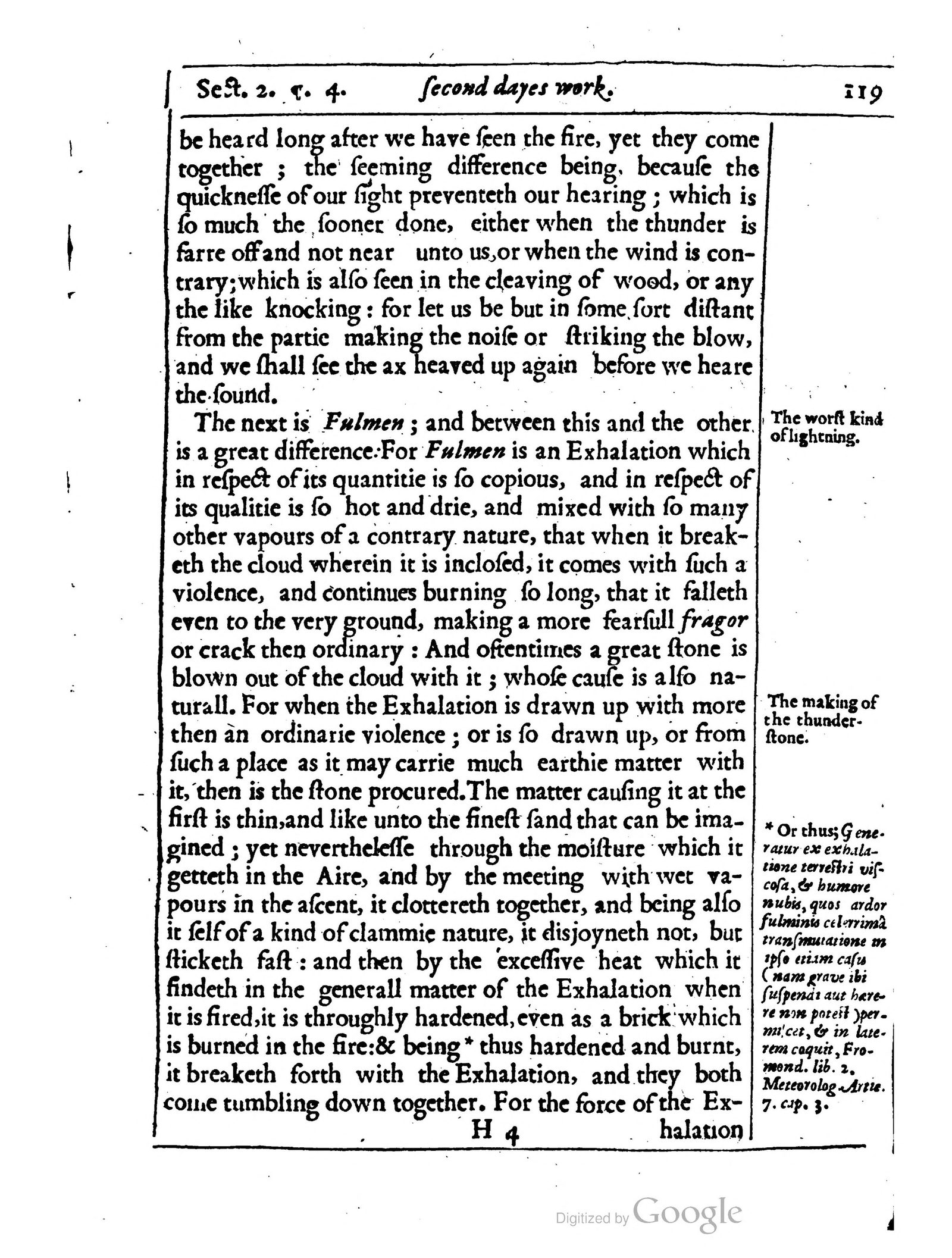 Buchseite aus John Swans Speculum Mundi von 1643 mit dem Absatz über Fulmen und der Randglosse zur Entstehung des Donnersteins