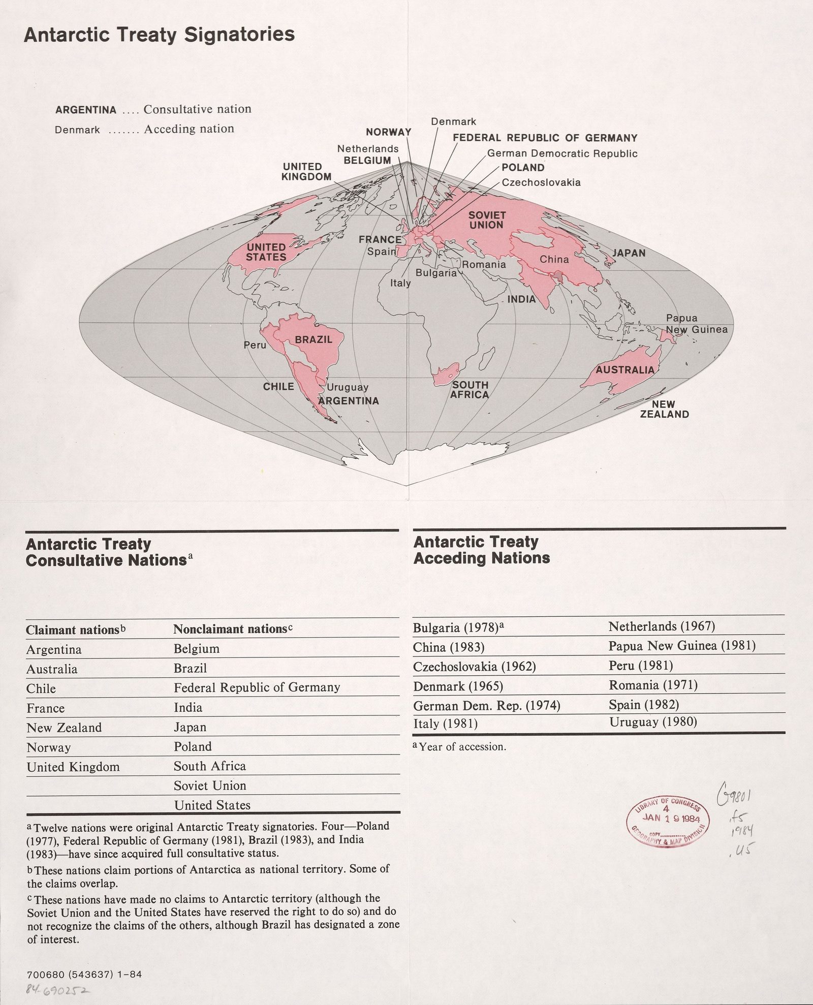 Die Staaten des Antarktisvertrags, Karte der US-Regierung von 1984.