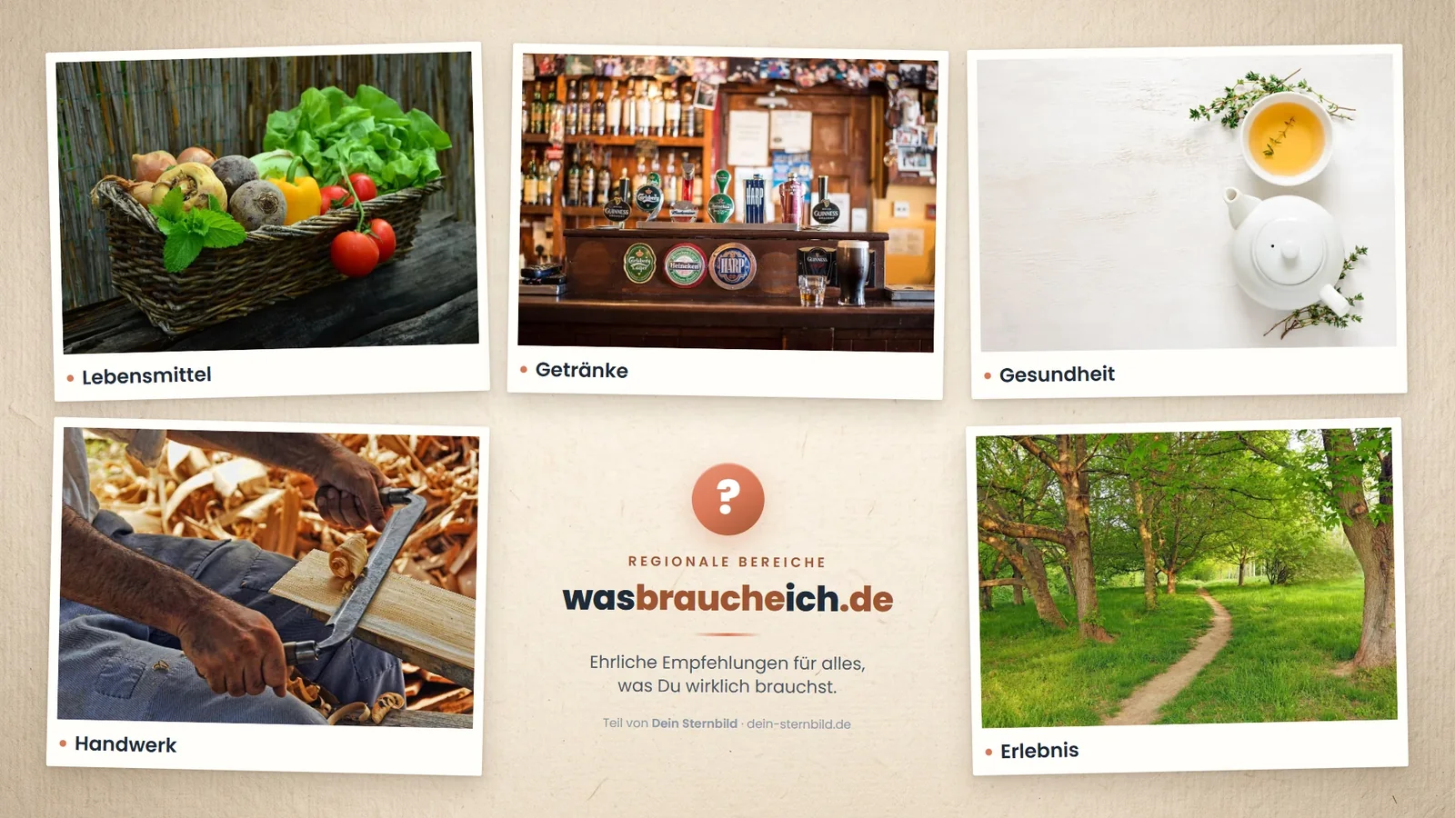 Fünf regionale Bereiche bei wasbraucheich.de: Lebensmittel, Getränke, Handwerk, Gesundheit und Erlebnis — Collage aus den Bildern der Bereichsseiten.
